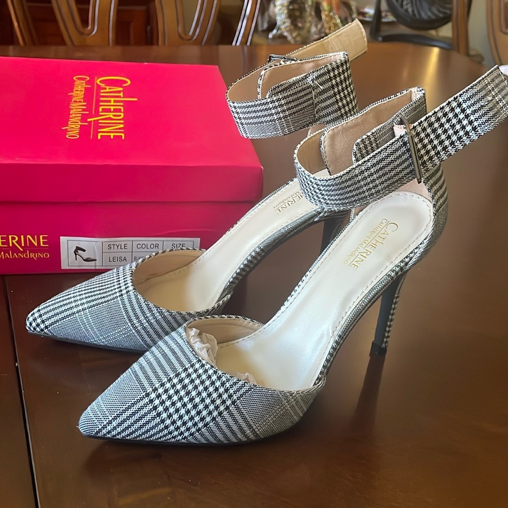 Catherine Malandrino Leisa black & white plaid Heels  size 8 new with box